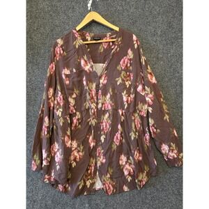 Torrid Shirt Womens 3 Brown Floral Button Front Roll Tab Sleeve Tunic Top
